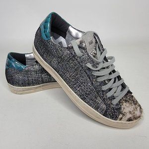 P448 Womens John Low Top Glitter Sneaker w/ Crocodile, Fur Accent US 6.5 EU 37